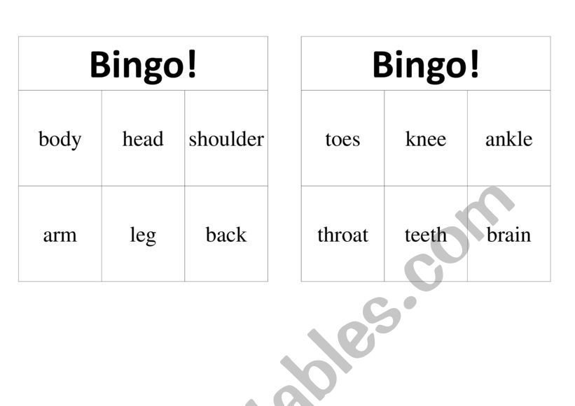 Body bingo worksheet