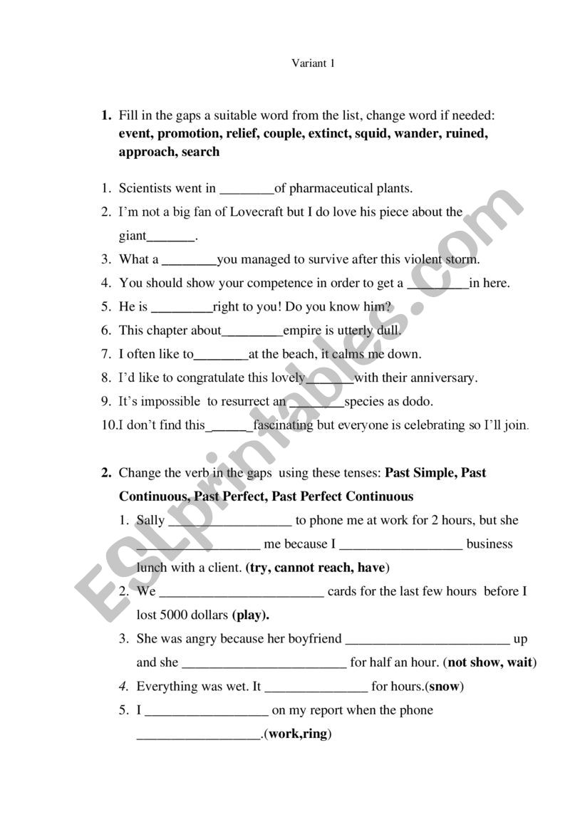 Past Tenses worksheet