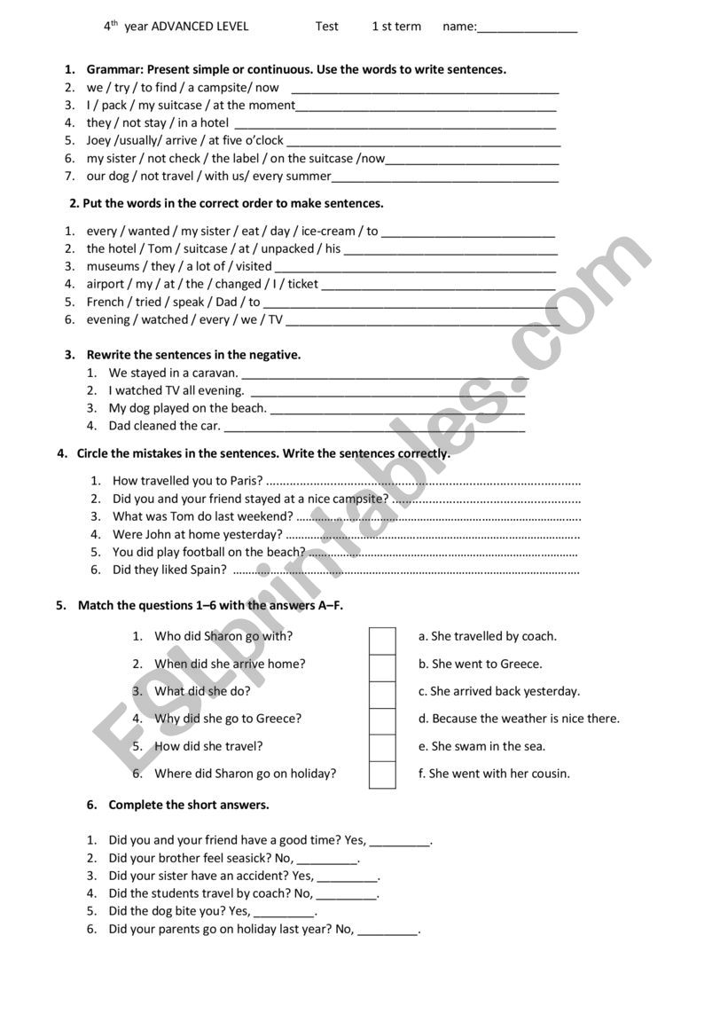 Past simple -HOLIDAYS worksheet