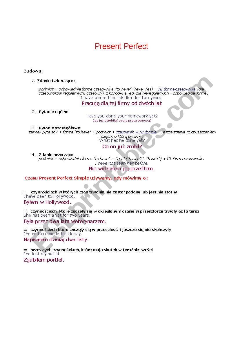 present perfect worhsheet worksheet