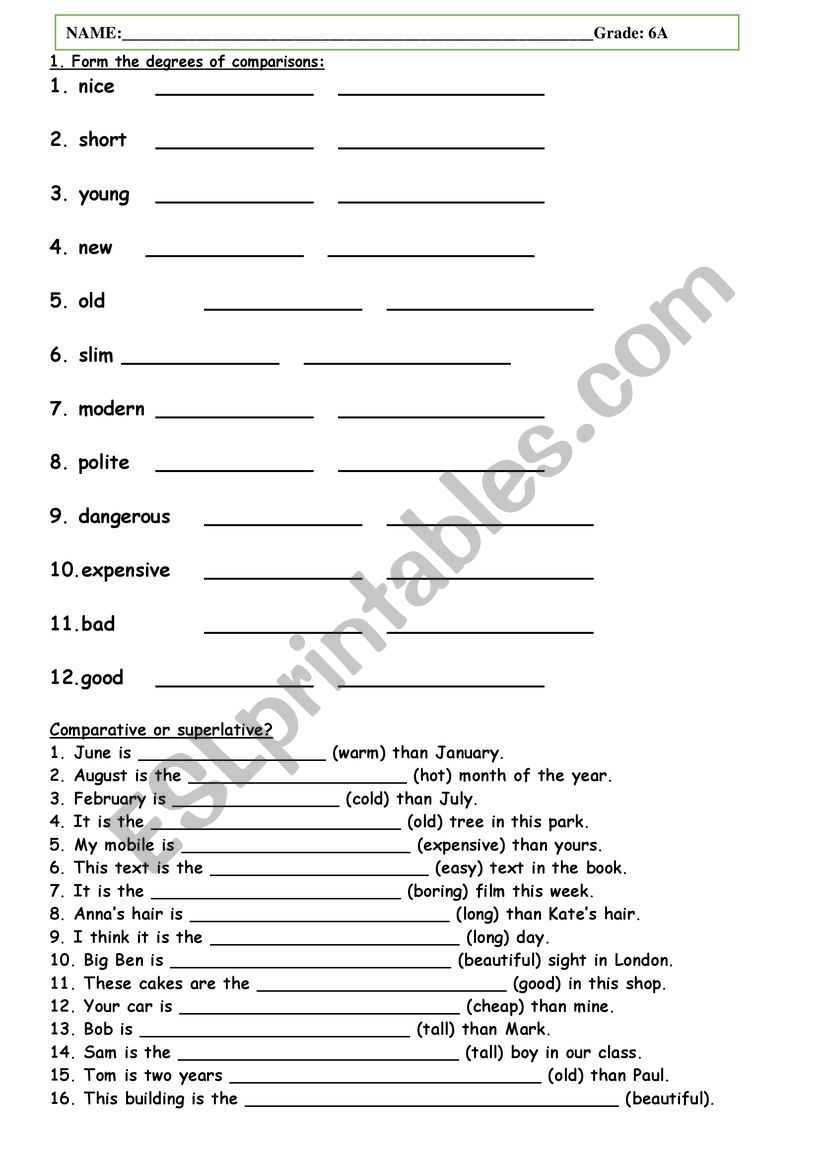 Comparative and superlative worksheet