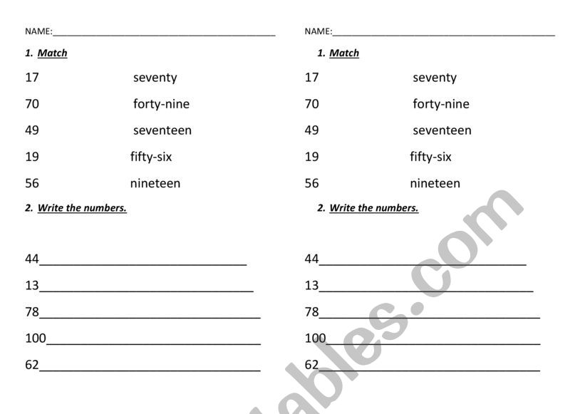 Numbers 1 -100 worksheet