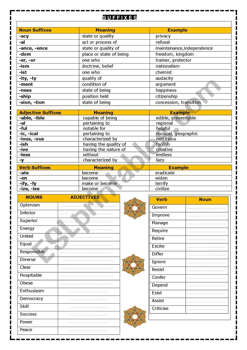 SUFFIXES worksheet