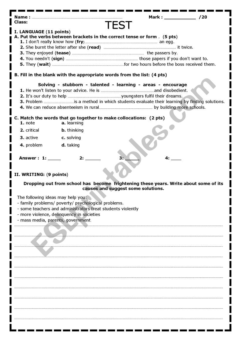 TEST INLANGUAGE AND WRITING worksheet