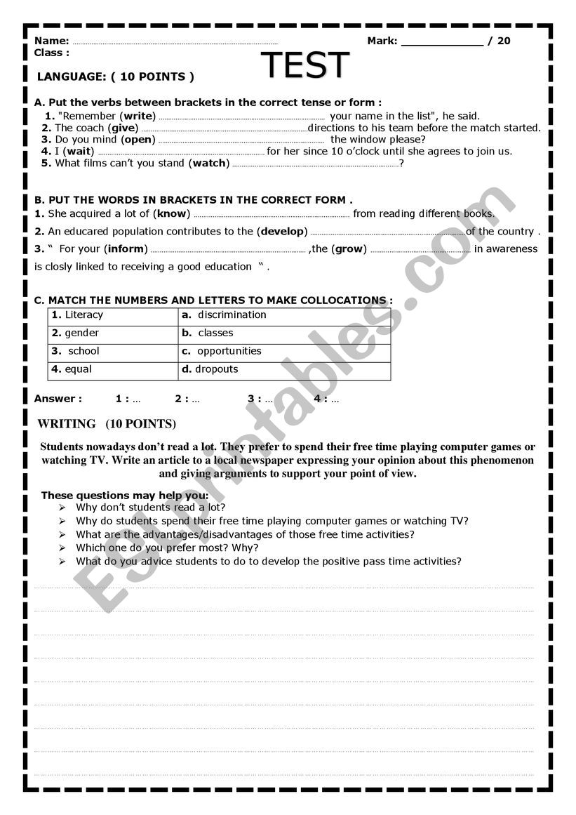 TEST IN LANGUAGE AND WRITING worksheet