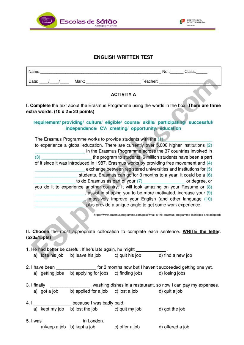 teste 111th grade (jobs) worksheet