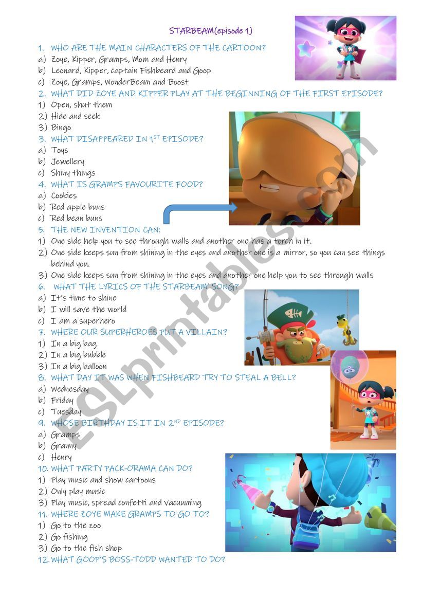 Starbeam Cartoon worksheet