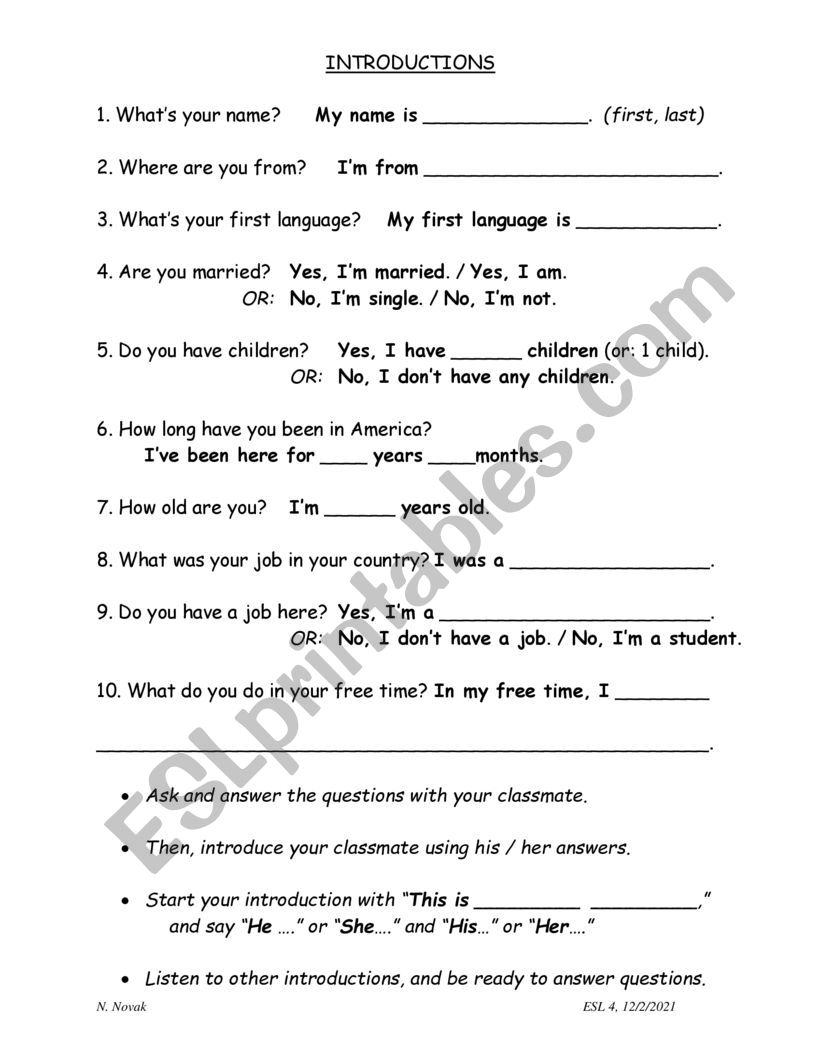 ESL introduction questions  worksheet