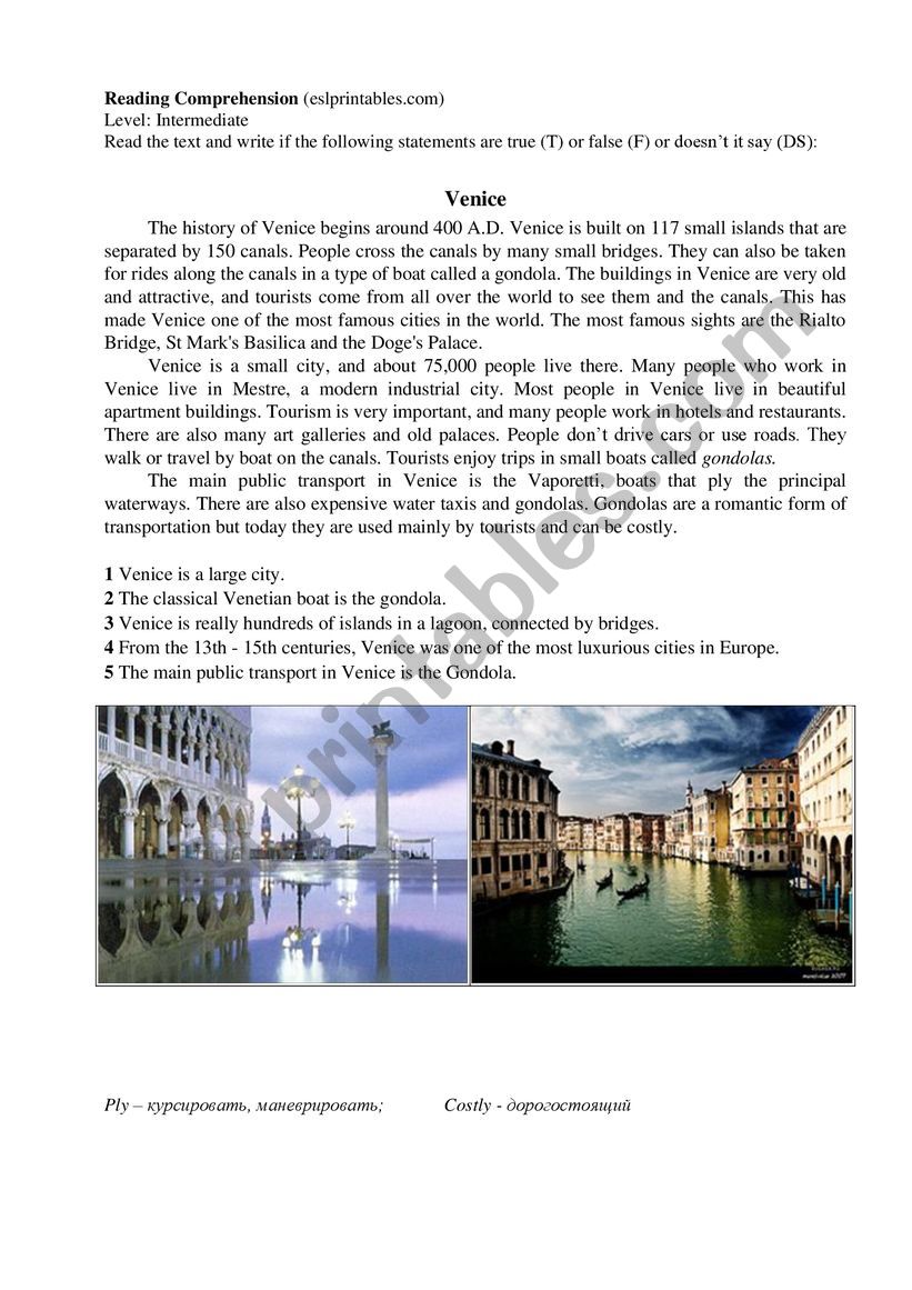 Venice Reading Comprehension worksheet