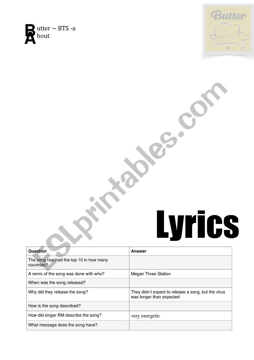 Butter lyrics (BTS) worksheet