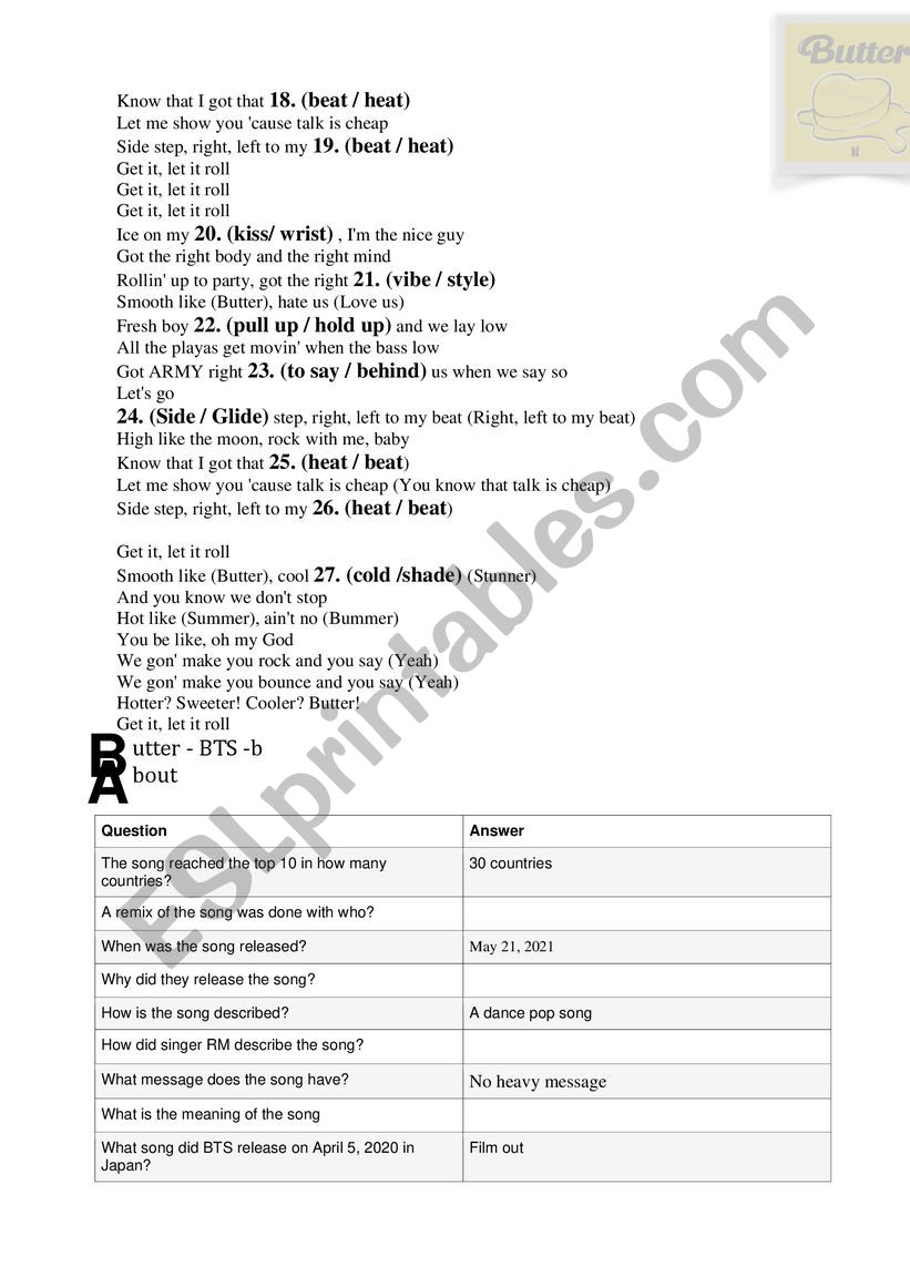 Butter lyrics (BTS) worksheet