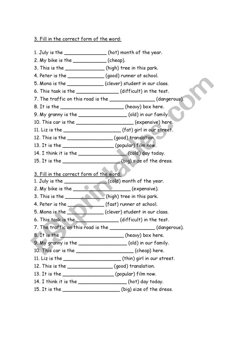 Evaluation Superlatives worksheet