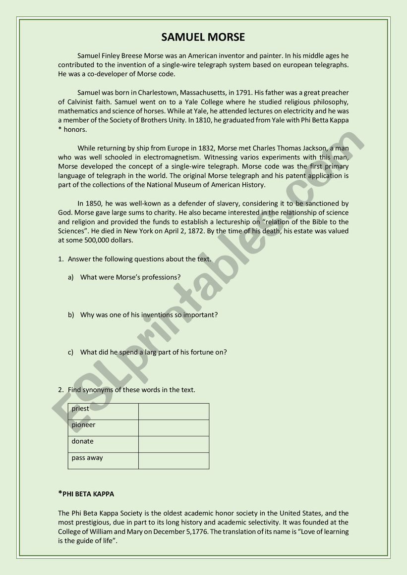 SAMUEL MORSE worksheet