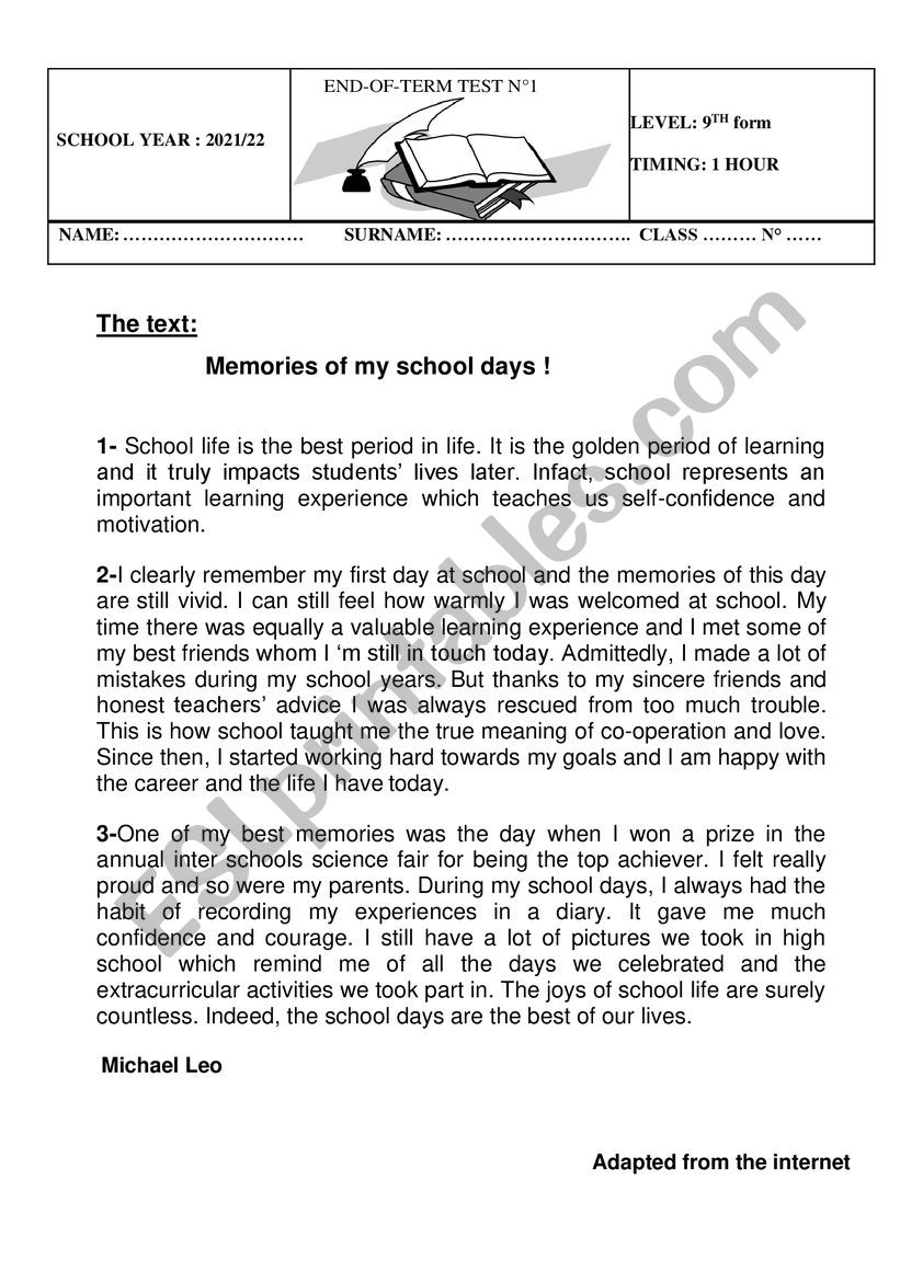 End of Term Test 1  worksheet