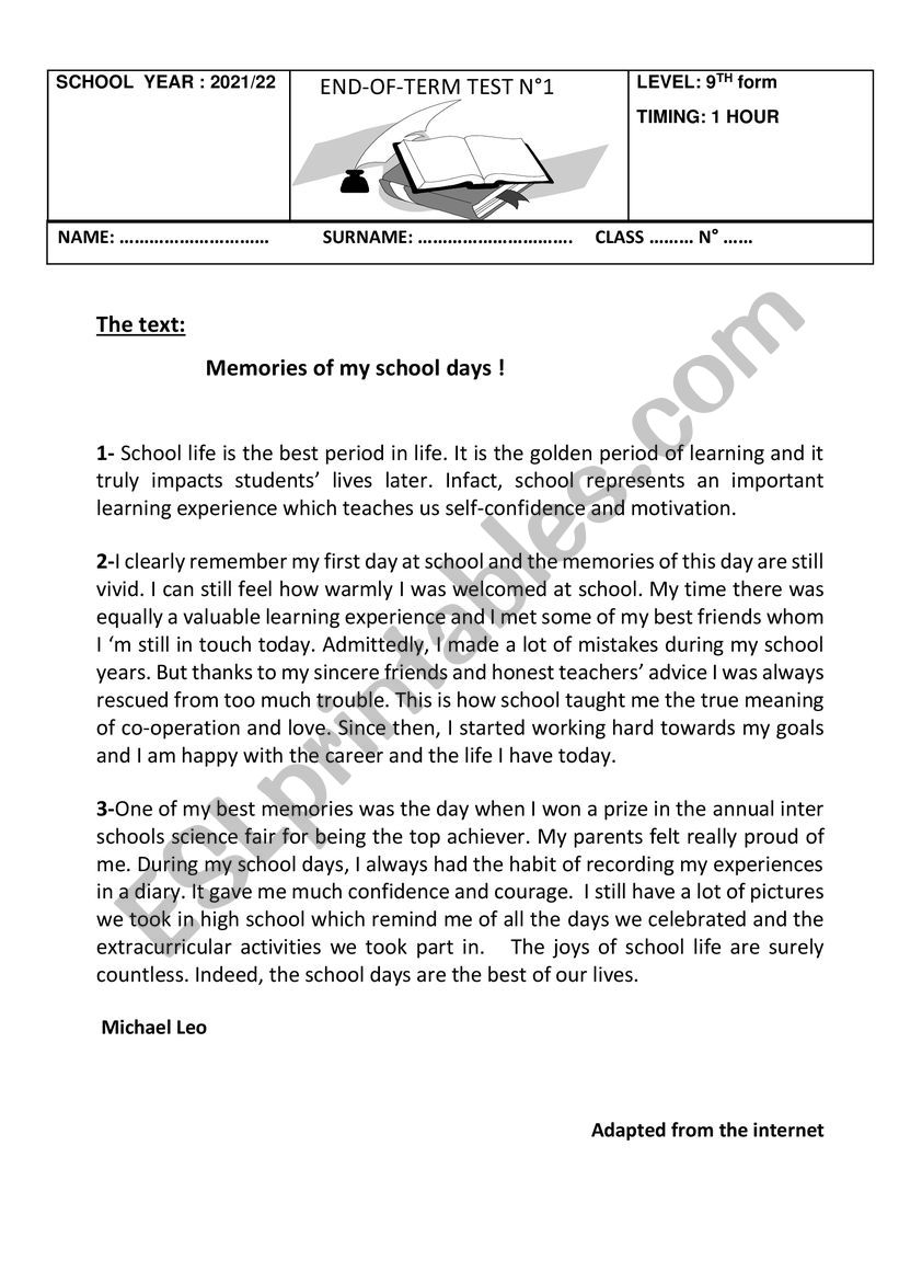 End of Term test1 for dyslexic pupils