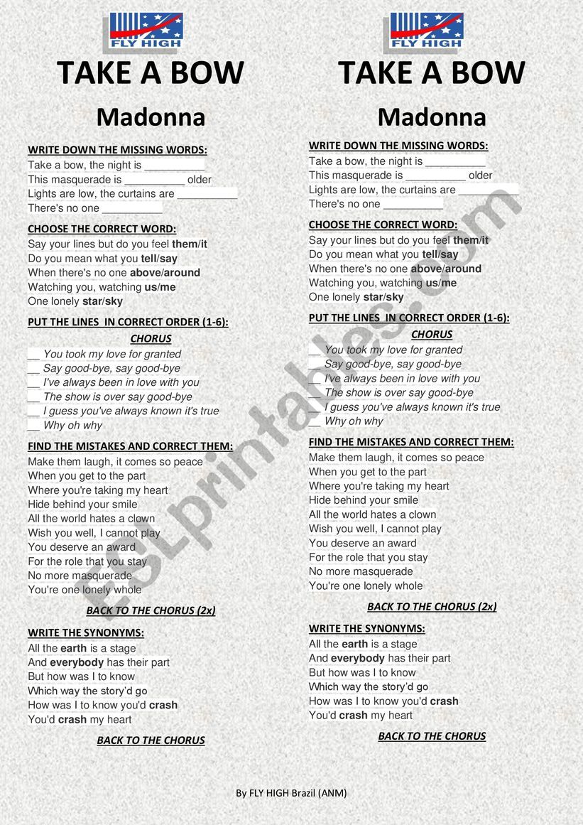 TAKE A BOW MADONNA worksheet