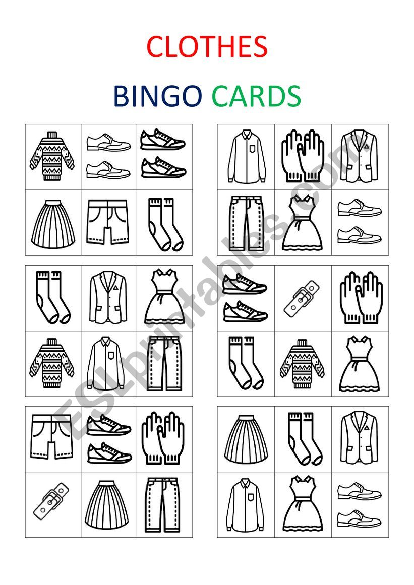 Clothes bingo cards worksheet
