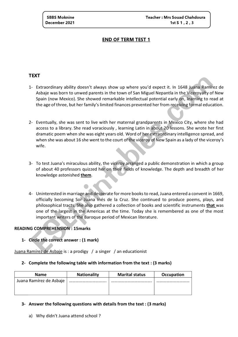 END OF TERM 1 TEST 1ST FORM worksheet