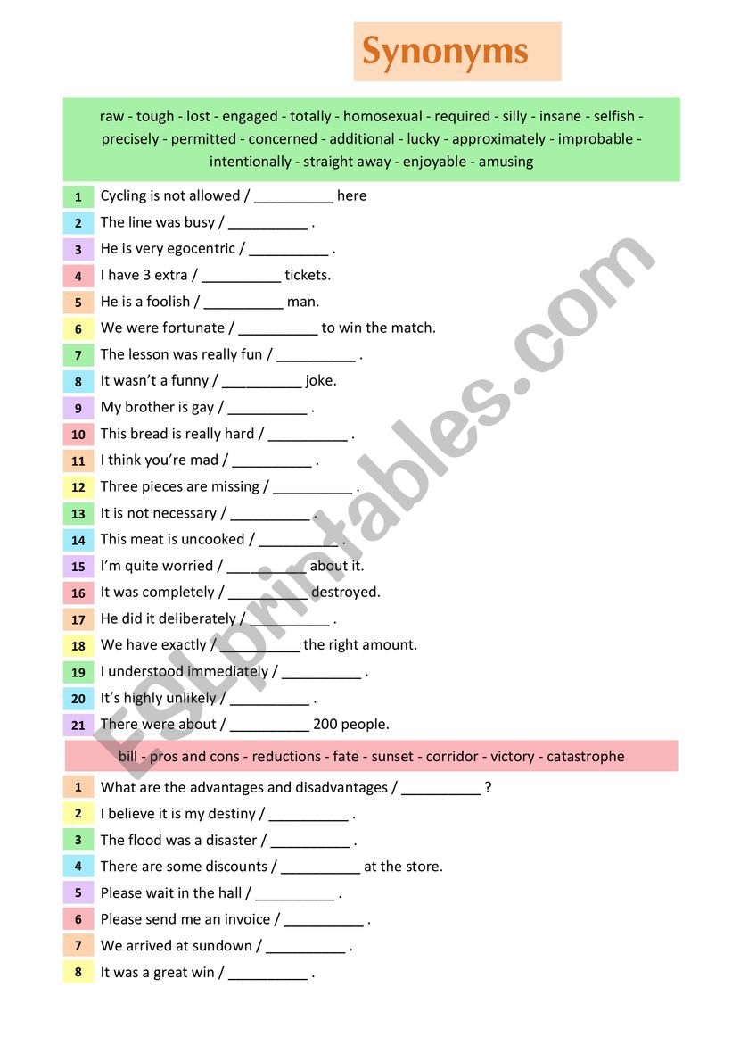 Synonym practice worksheet