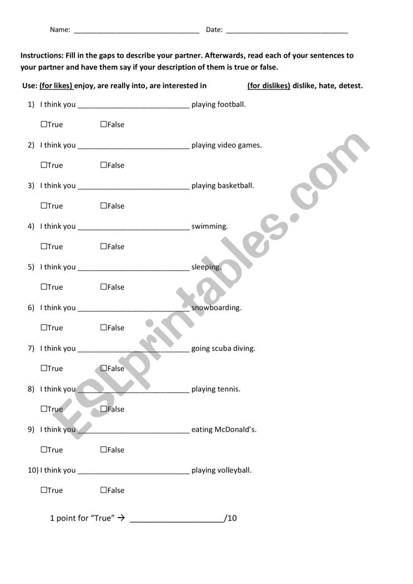 Pair Speaking Games - Favourite Sports and Activities