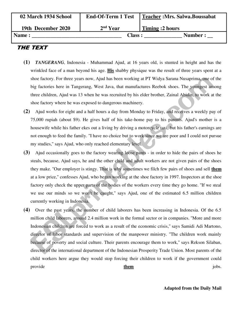 2nd year sci end of term 1 test Dec 2020