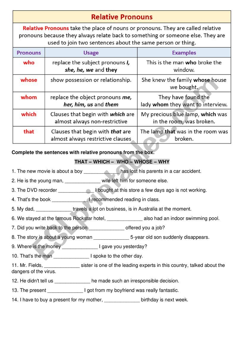 Relative pronoum worksheet