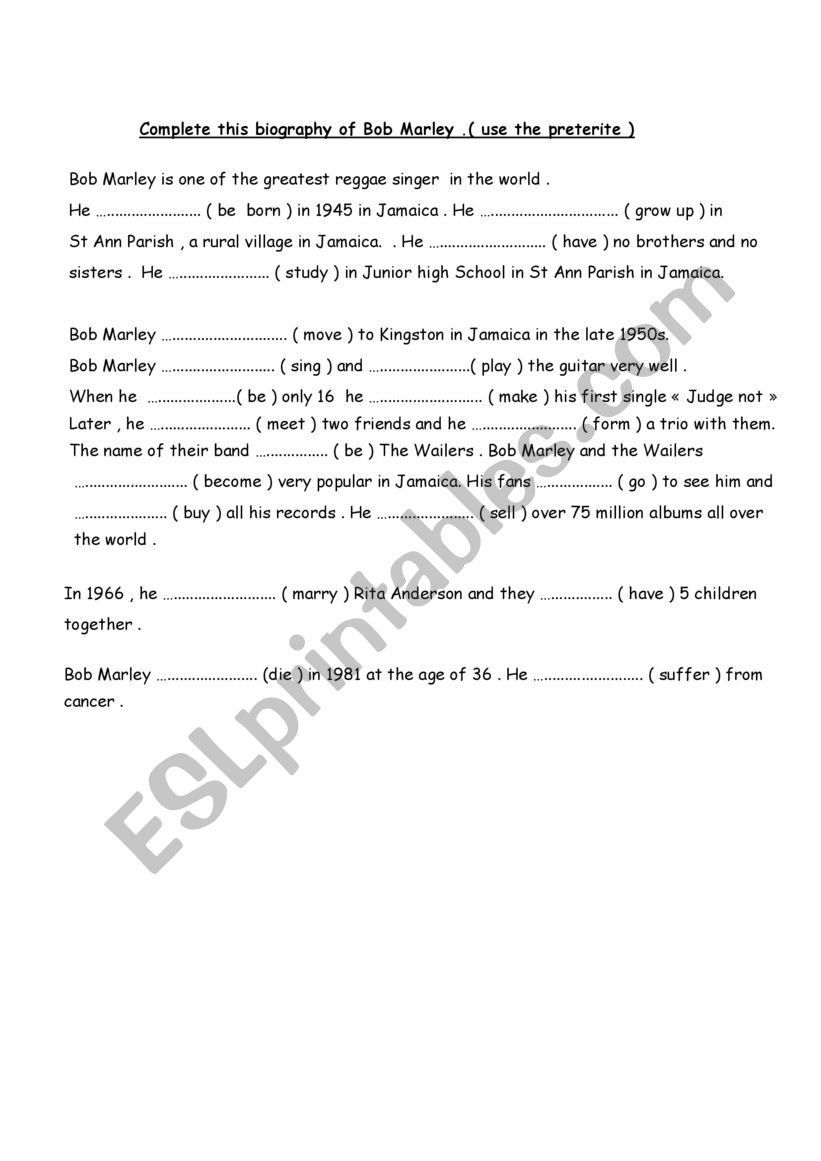 Bob Marley  worksheet