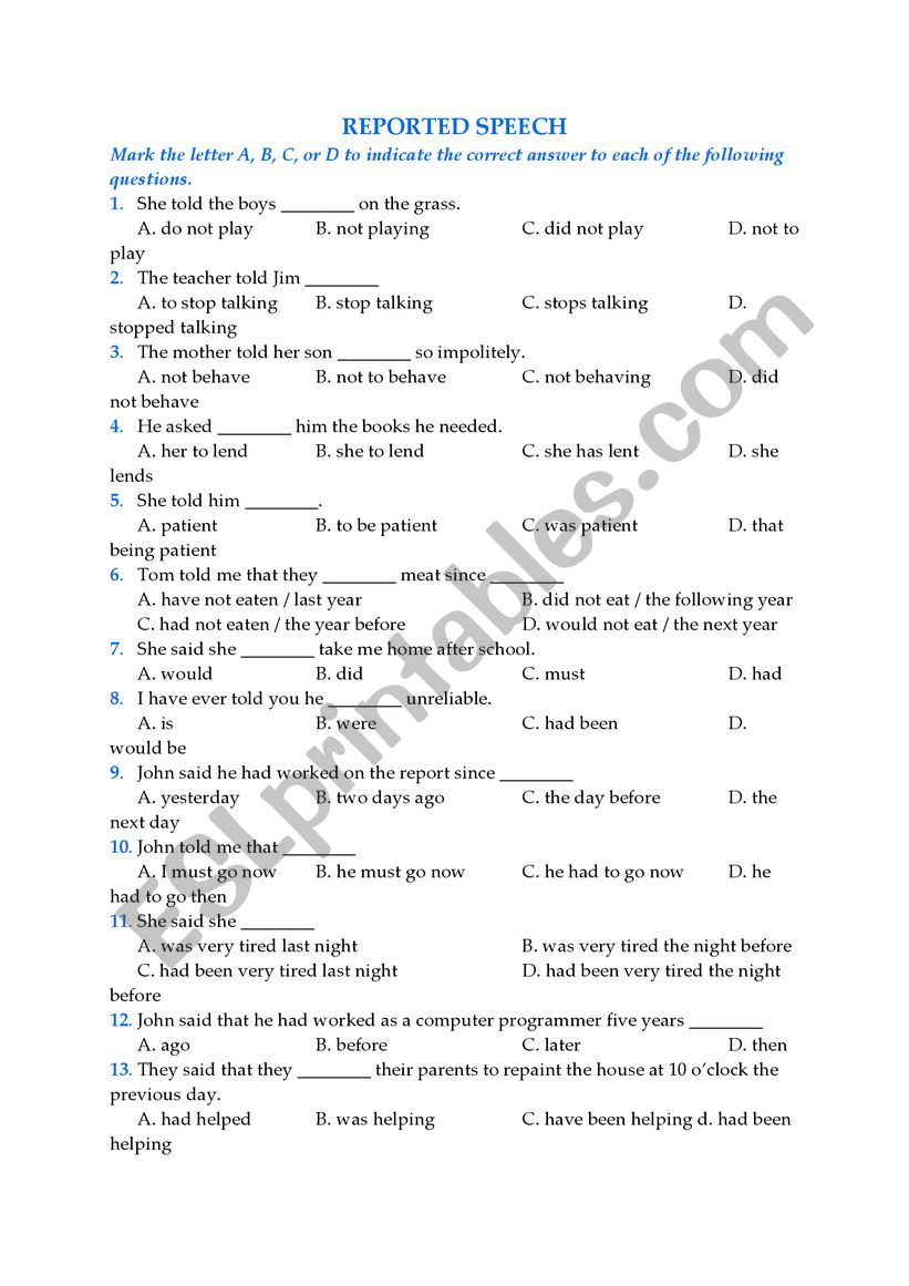 REPORTED SPEECH worksheet
