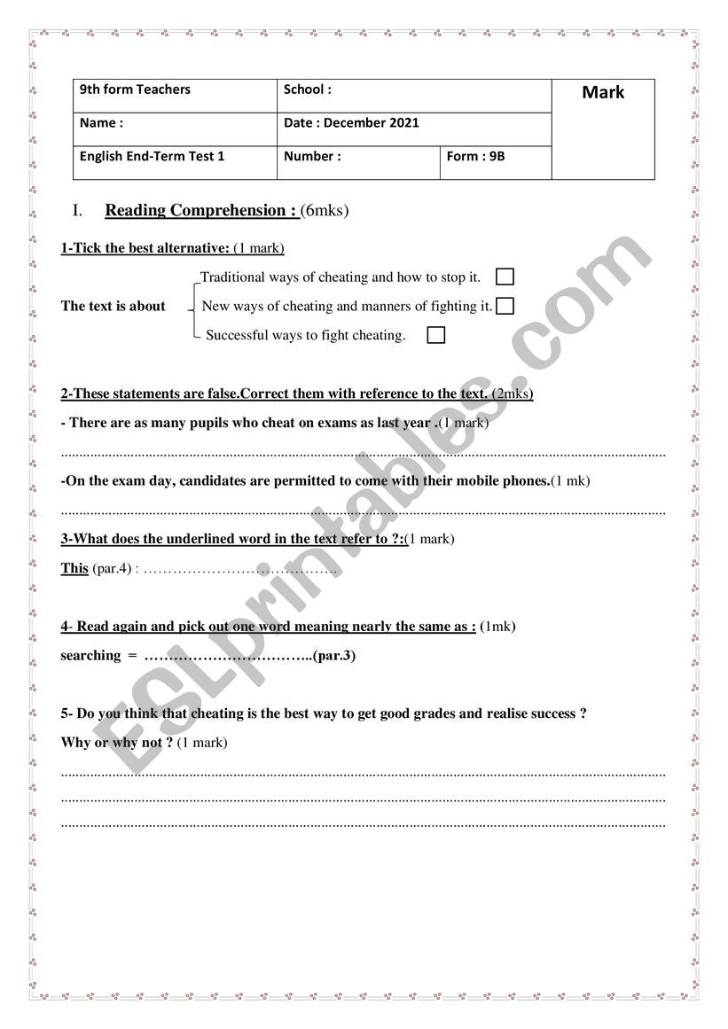9th End-Term Test 1 worksheet