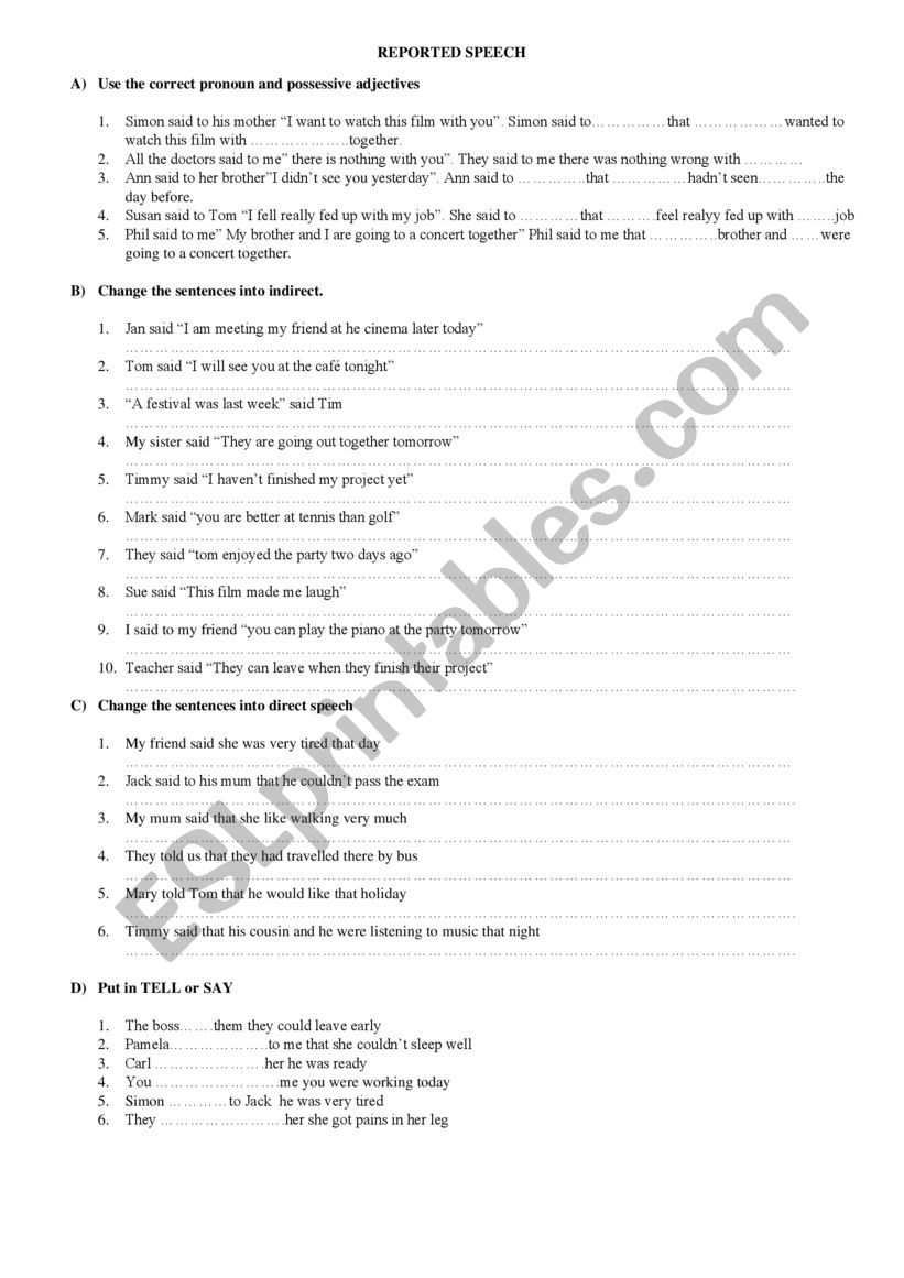 reported speech worksheet