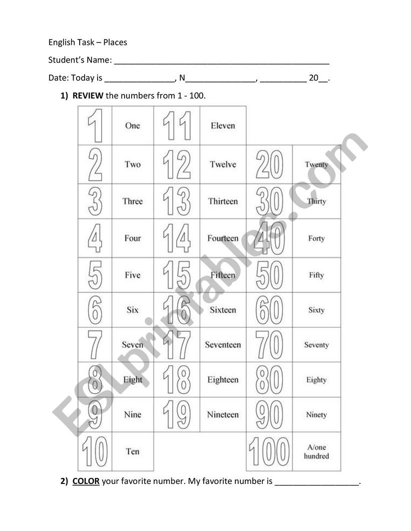 Numbers from 1 to 20 worksheet