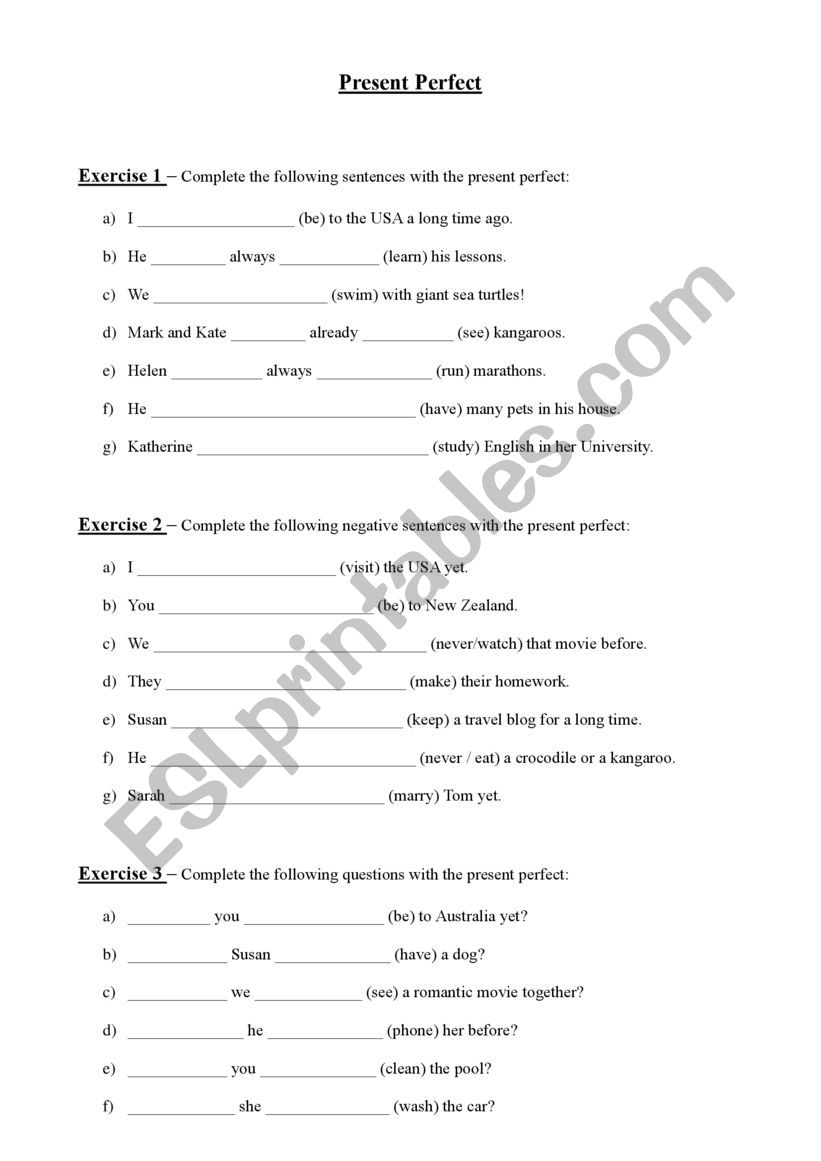 Present perfect worksheet