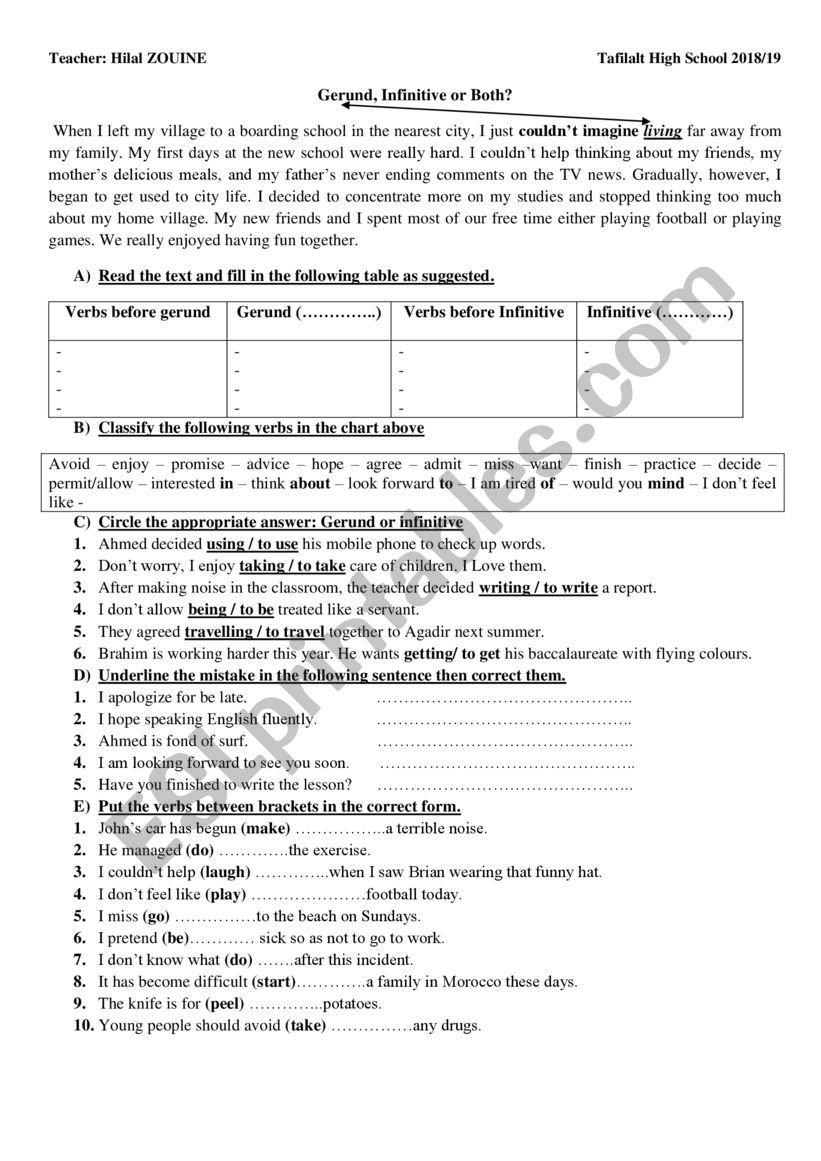 gerund infinitive worksheet