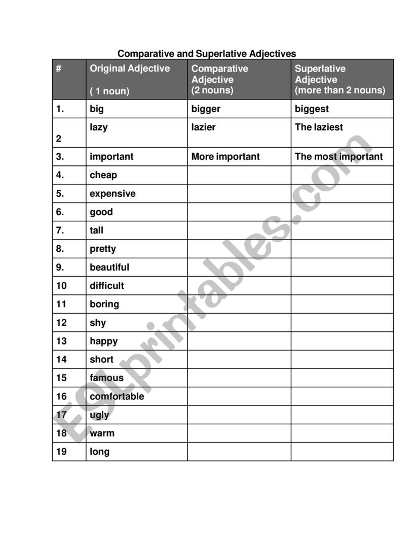 Comparative Superlative list worksheet
