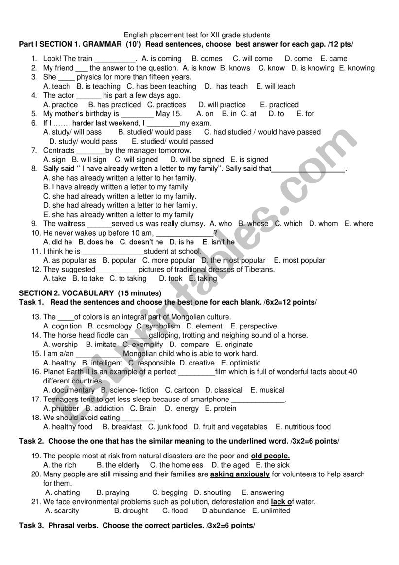 English test worksheet