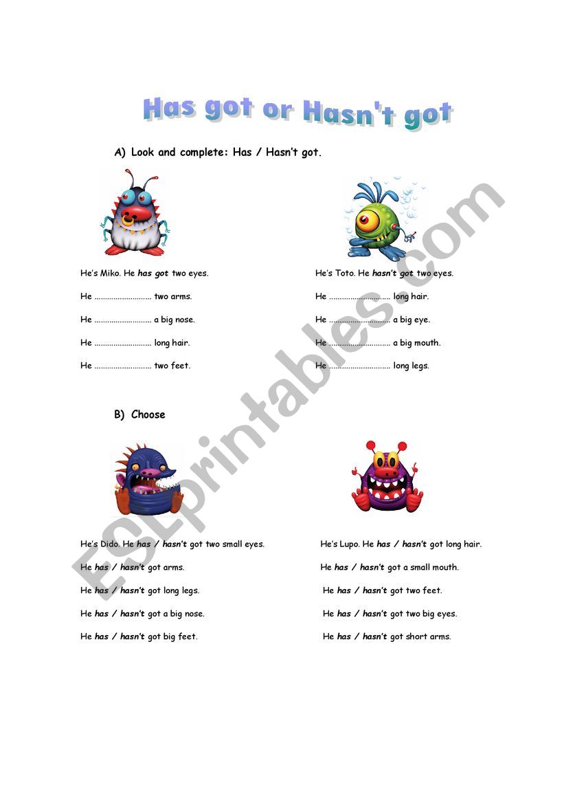 HAS- HASNT GOT+ BODY PARTS worksheet