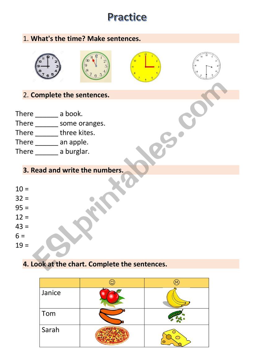 Practice (What�s the time, There is/are, Numbers to 100, likes/doesn�t like)