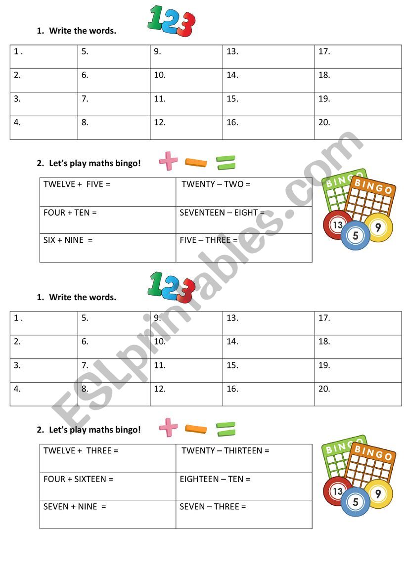Maths Bingo worksheet