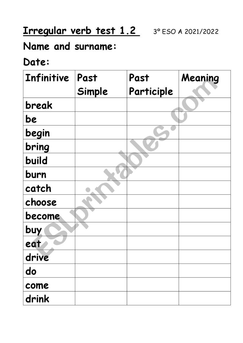 Irregular verb test worksheet
