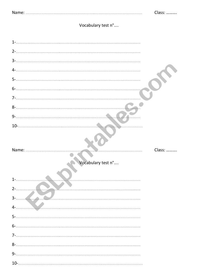 Vocabulary test template - ESL worksheet by Raggie