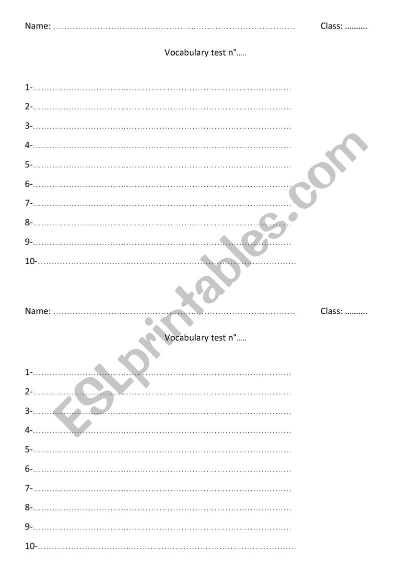 Vocabulary test template worksheet