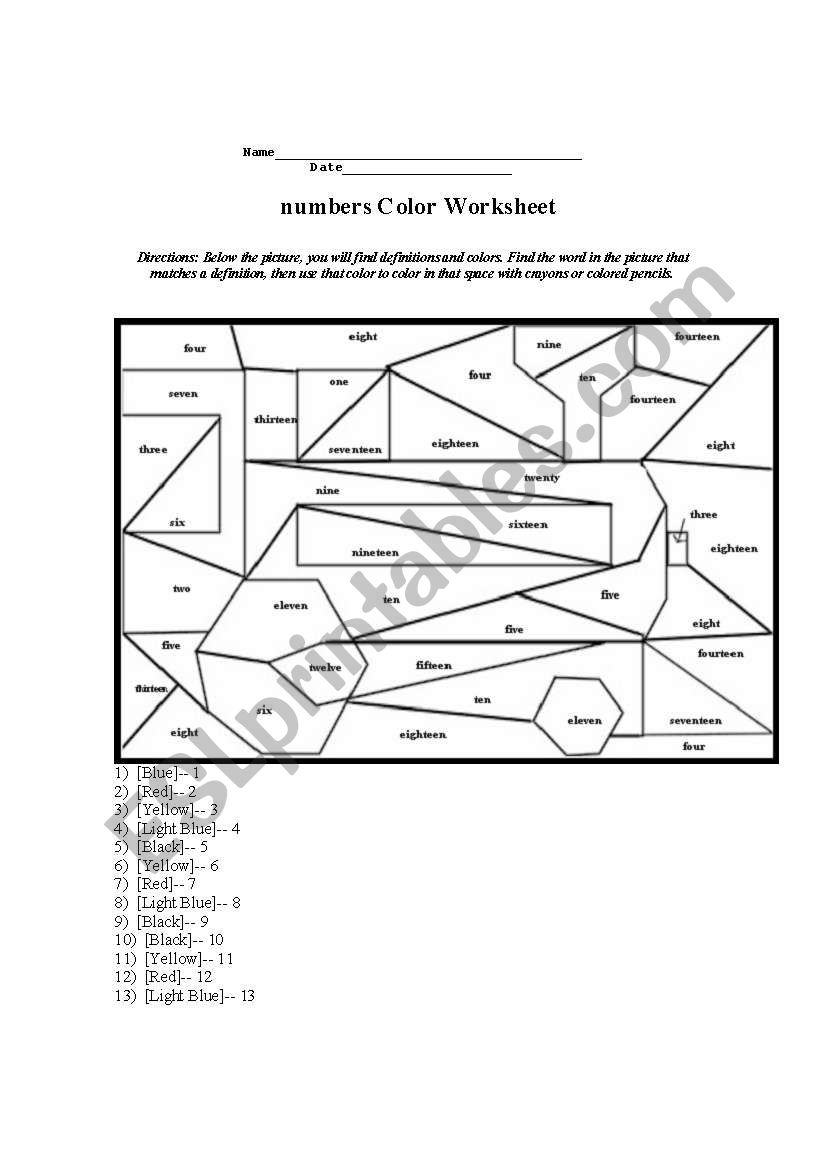 colours and numbers worksheet