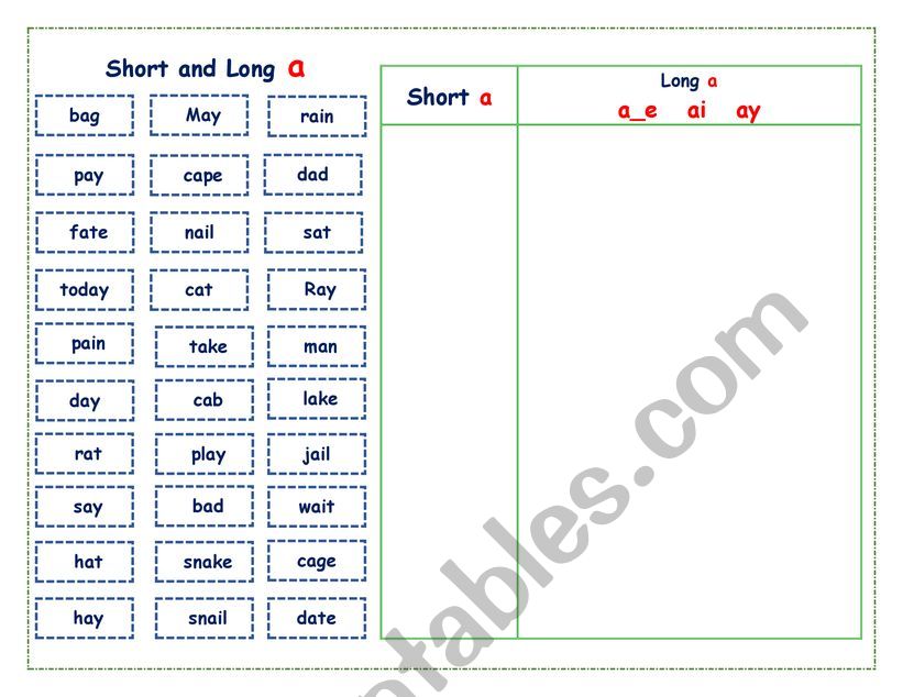 Short and long a worksheet