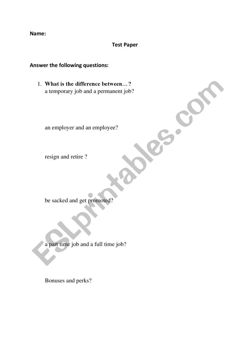 Test paper on work  worksheet
