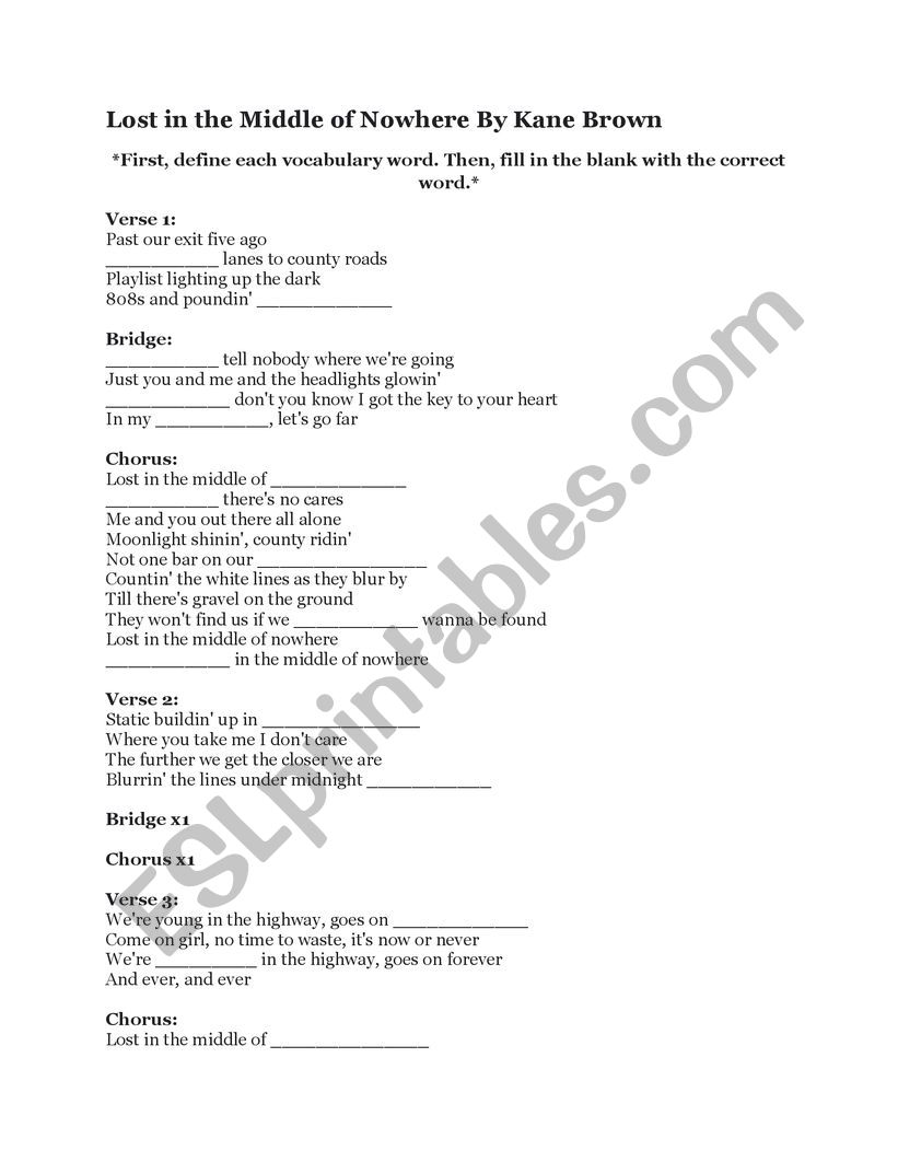 Lost in the Middle of Nowhere worksheet