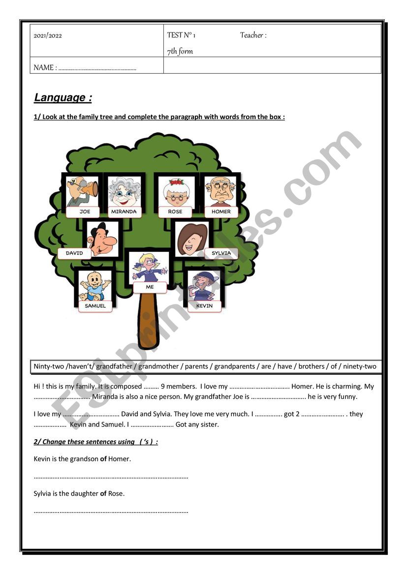 7th form tunisian test 1 worksheet