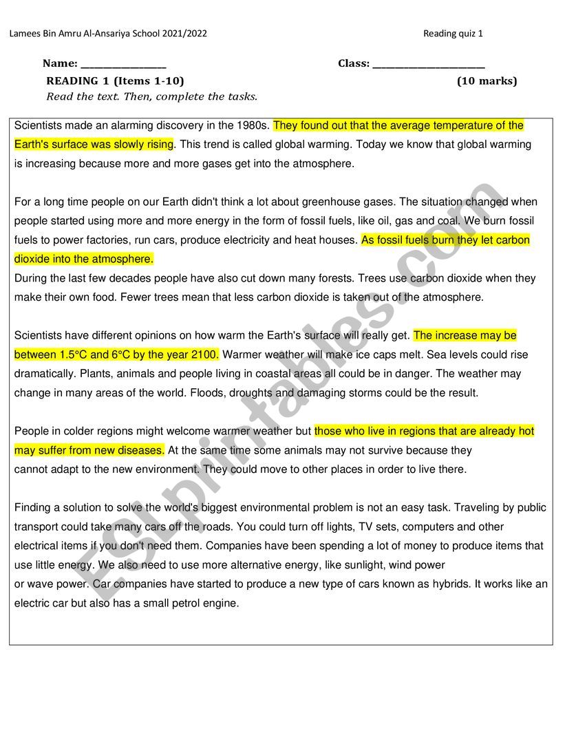 Reading quiz  worksheet