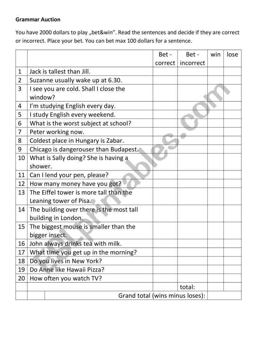 Grammar Auction - Comparative, Present simple and continuous