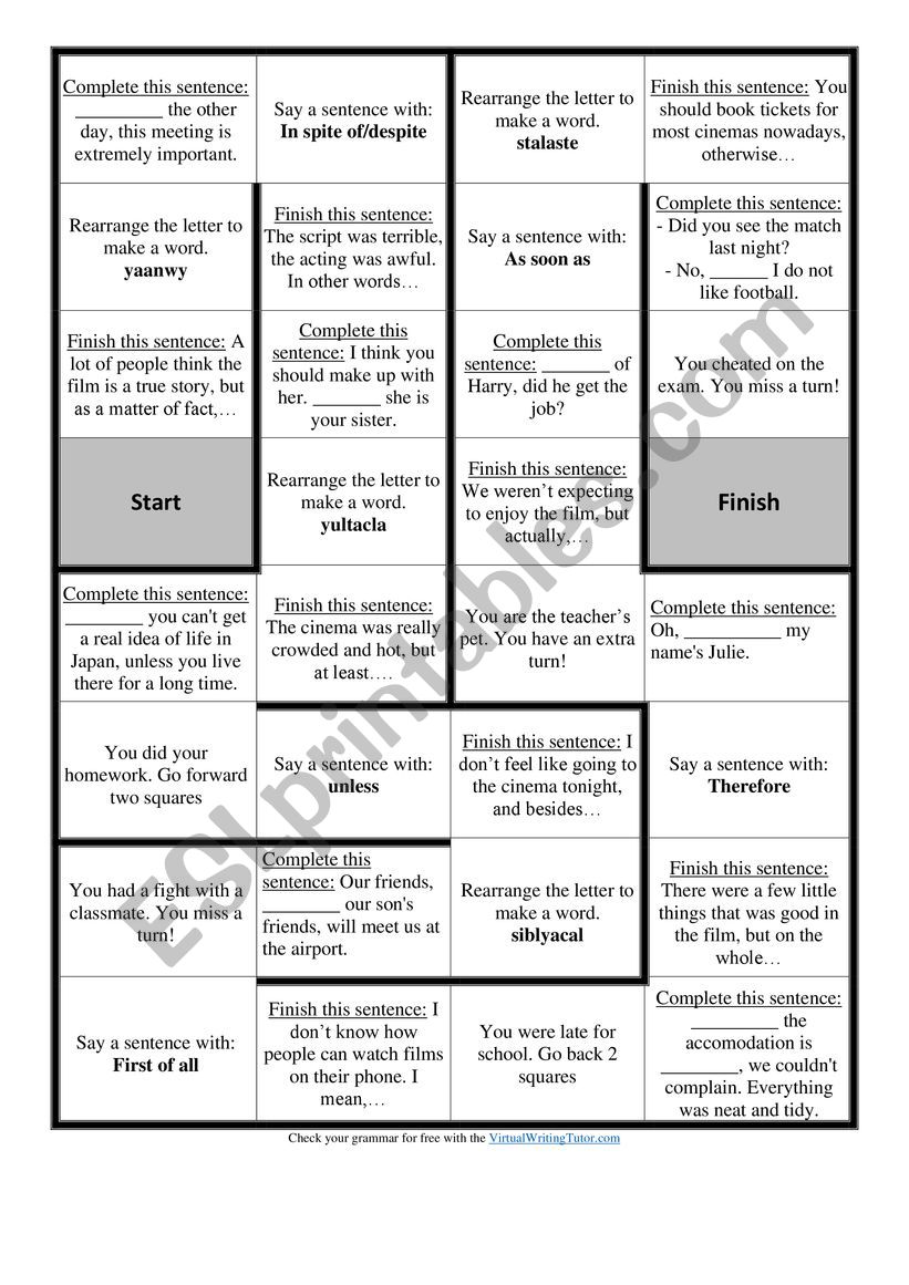 Discourse markers board game worksheet
