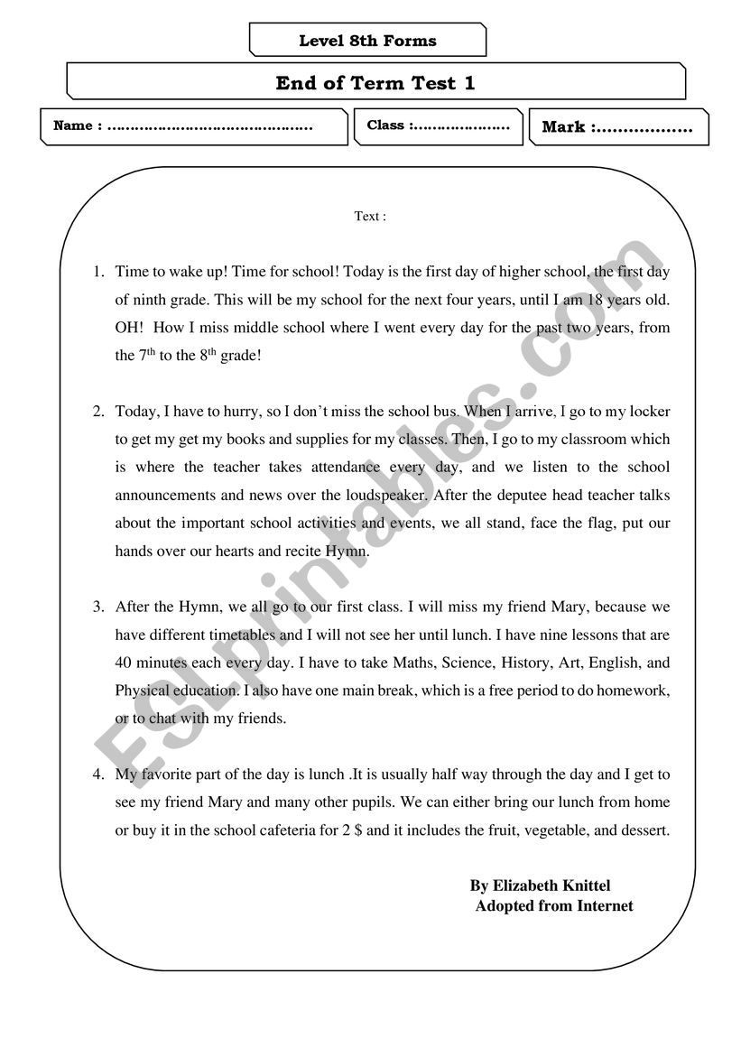 End of Term1 Test  worksheet